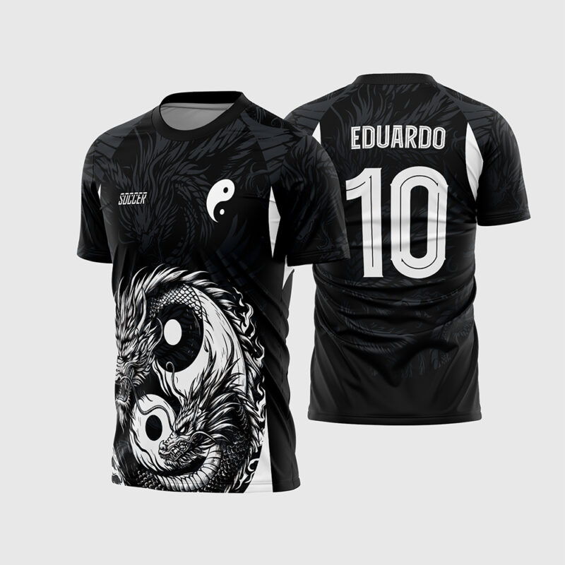 Mockup Camisa Interclasse com Dragão e símbolo Yin Yang Preto e Branco frente e costas