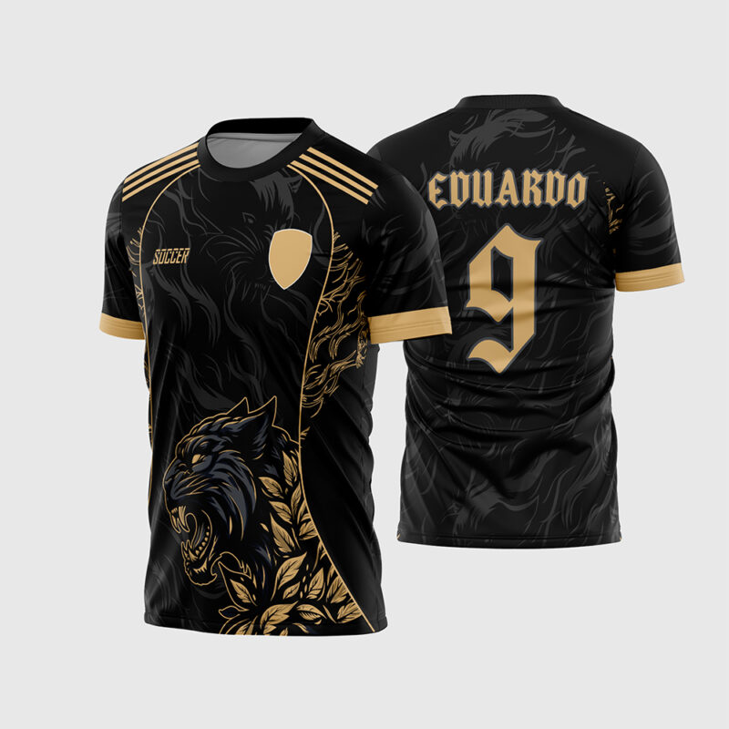 Mockup Camisa Interclasse Pantera Negra com detalhes dourados frente e costas