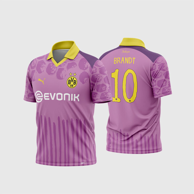 Mockup Frente e Costas Arte Estampa Camisa Borussia Dortmund CWC Goleiro 2025 - 2026 roxa com gola amarela e detalhes artísticos
