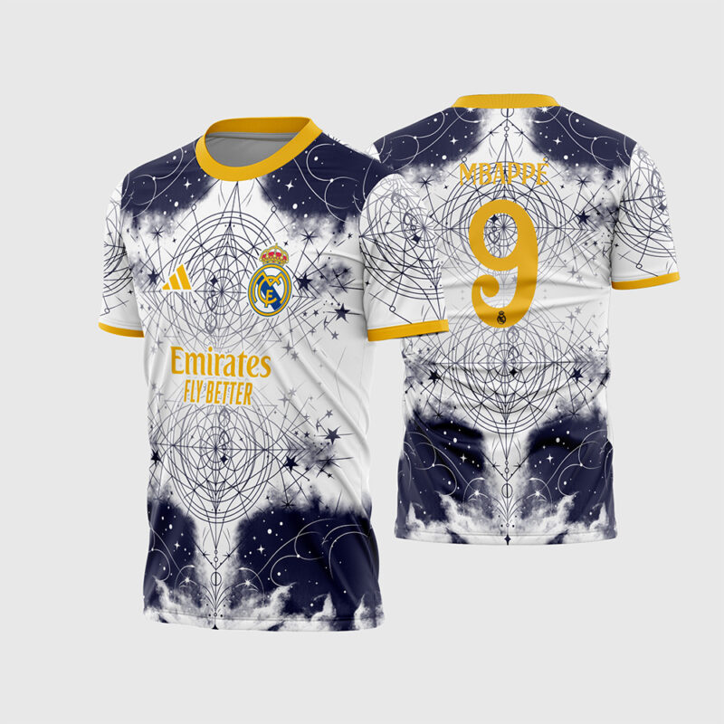 Mockup Frente e Costas Arte Template Camisa Interclasse Real Madrid com estampa de galáxia e geometria dourada