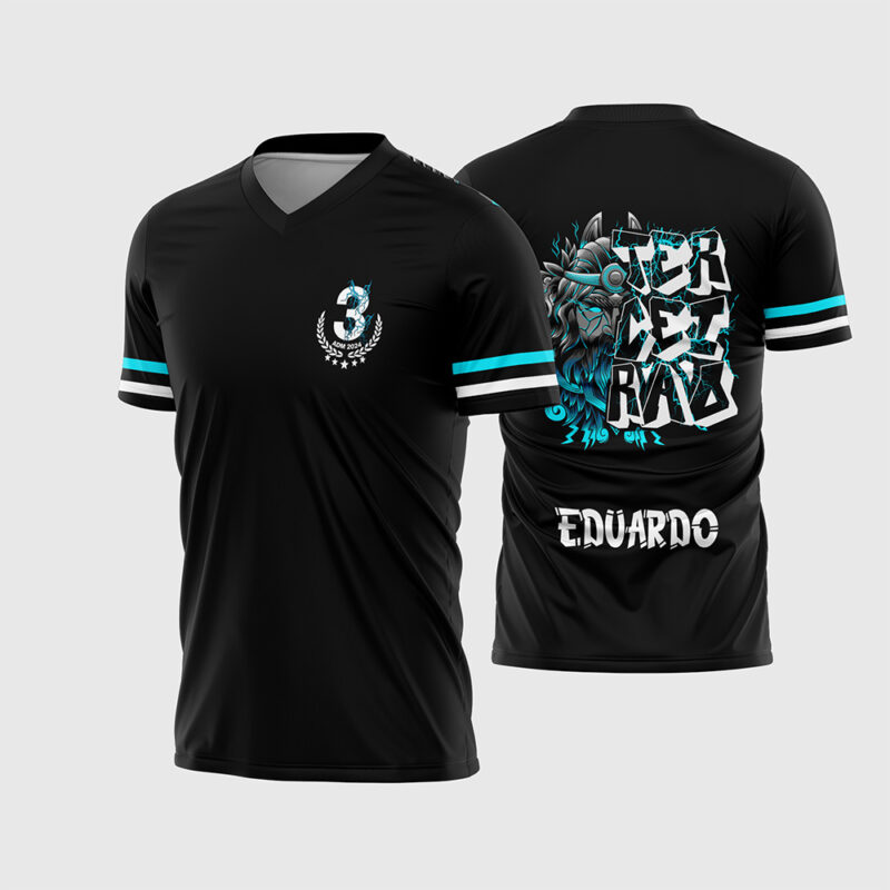Mockup Frente e Costas Arte Template Camisa Terceirão Zeus preta com raios ciano, brasão ADM e ilustração de Zeus nas costas