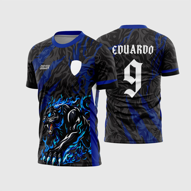 Mockup Camisa Interclasse Pantera Azul com detalhes elétricos frente e costas