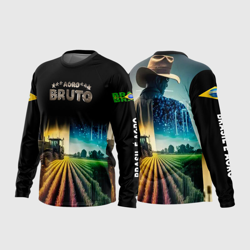 Mockup Frente e Costas Arte Vetor Camisa AGRO - Agro Bruto - Brasil é Agro 2026 manga longa preta com estampa de trator e homem de chapéu