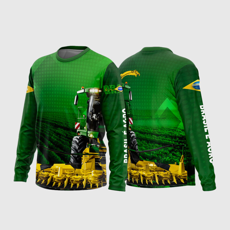 Mockup Frente e Costas Arte Vetor Camisa AGRO Colheitadeira - O Brasil e Agro 2026 verde com estampa de forrageira de milho e bandeira do Brasil