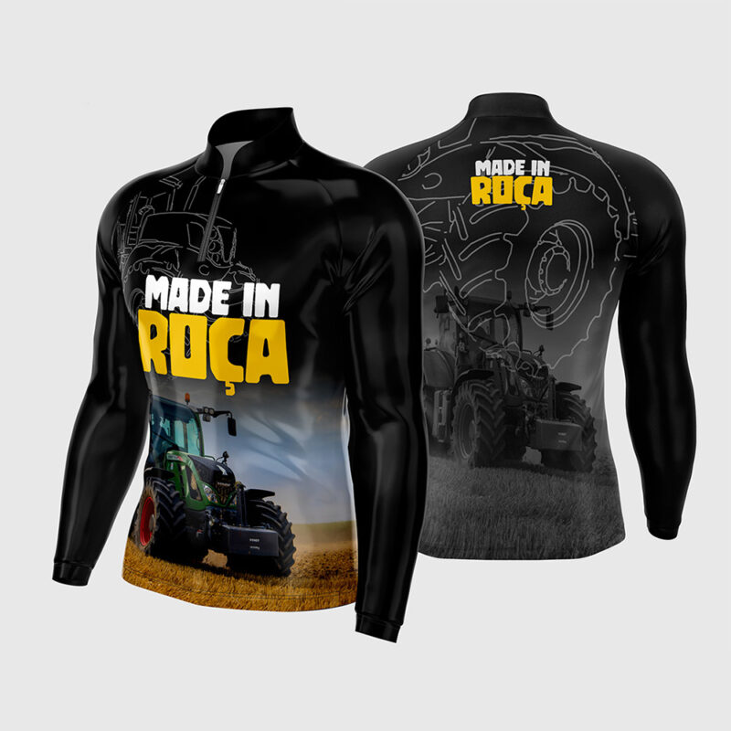 Mockup Frente e Costas Arte Vetor Camisa AGRO Made in Roça preta com estampa de trator verde e texto amarelo e branco