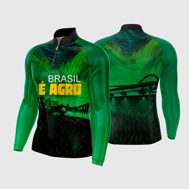 Mockup Frente e Costas Arte Vetor Camisa AGRO - O Brasil é Agro 2026 manga longa verde com estampa de pulverizador e texto Brasil é Agro