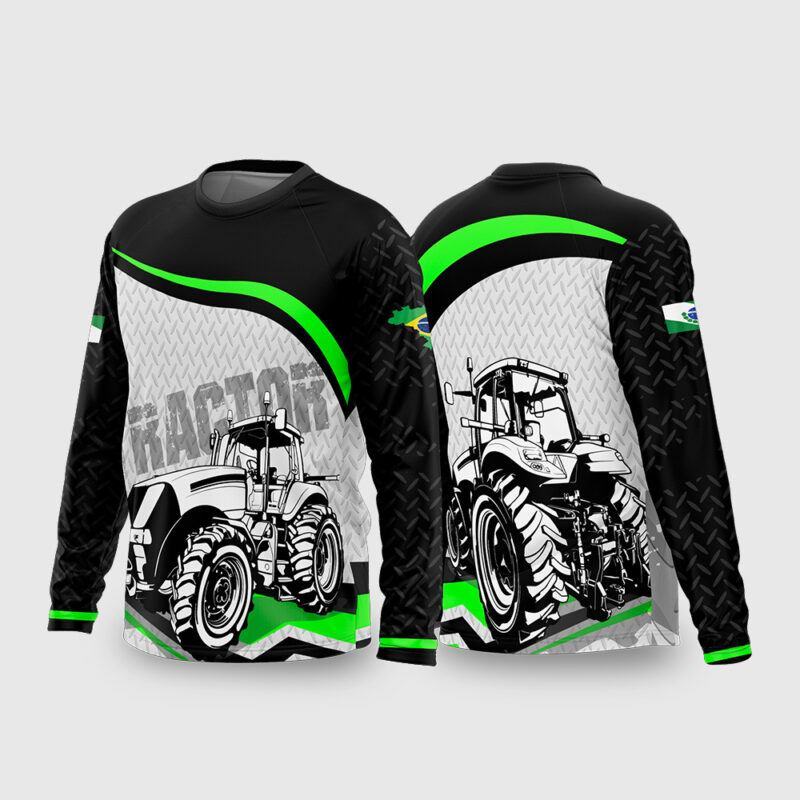 Mockup Frente e Costas Arte Vetor Camisa AGRO - Trator Preto e Verde 2026 com textura de chapa de metal e ilustração de trator agrícola