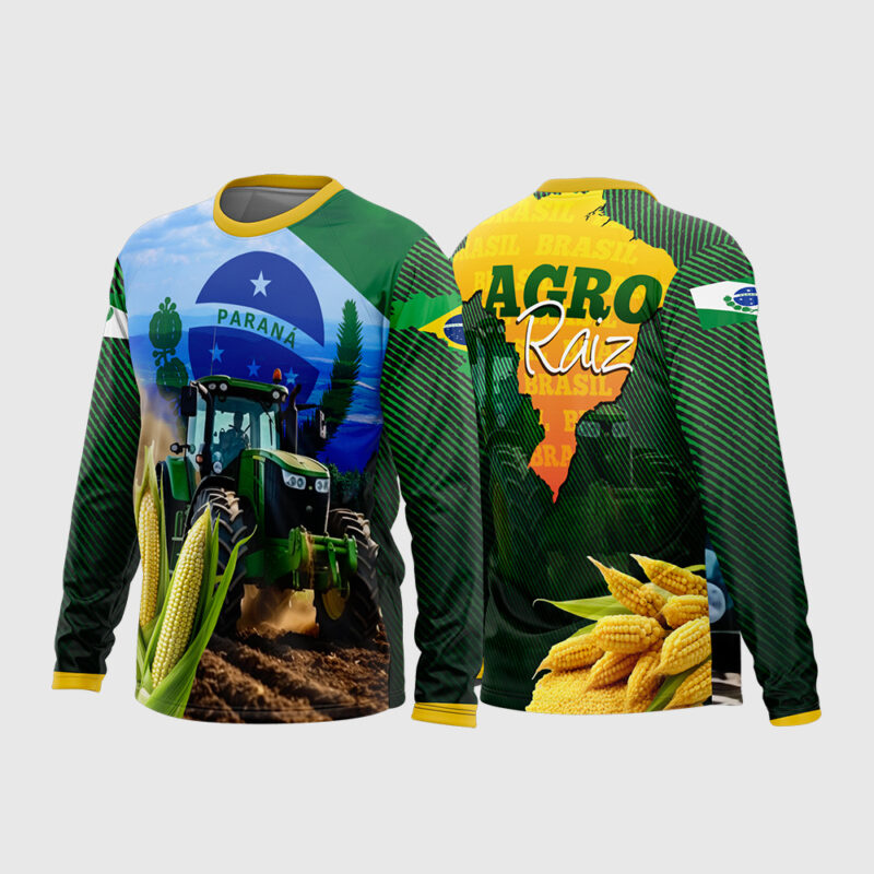 Mockup Frente e Costas Arte Vetor Camisa AGRO Trator e Milho - Agro Raiz 2026 com bandeira do Paraná, trator verde e espigas de milho