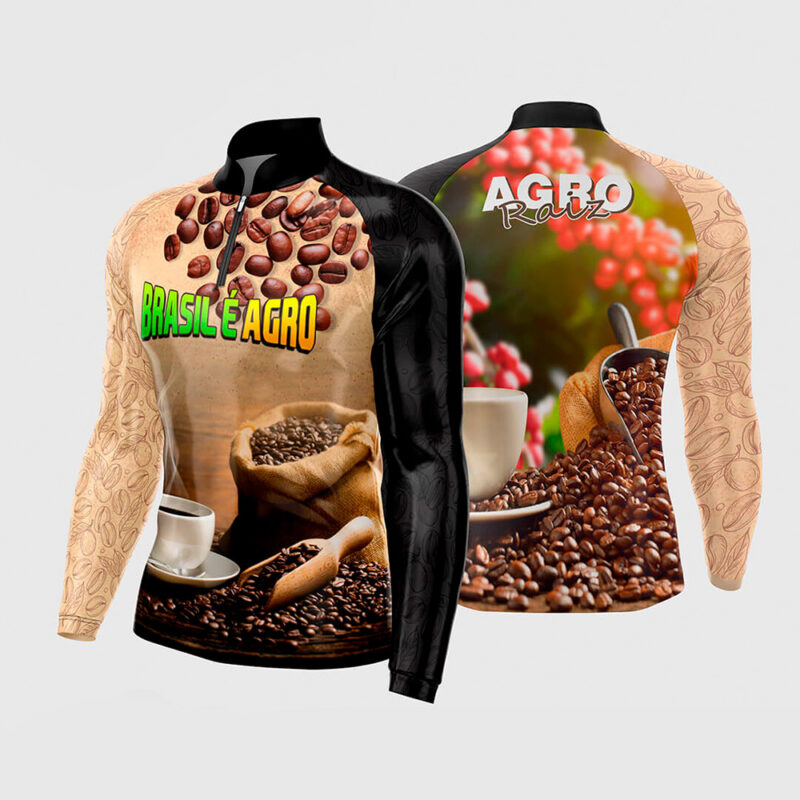 Mockup Frente e Costas Arte Vetor Camisa Agro Café do Brasil - Brasil e Agro com estampa realista de grãos de café, xícara e planta cafeeira