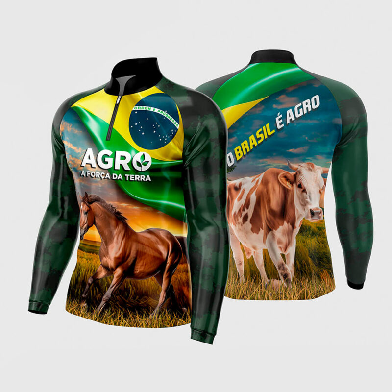Mockup Frente e Costas Arte Vetor Camisa Agro Cavalo e Boi - Brasil e Agro manga longa com estampa de cavalo marrom e boi malhado