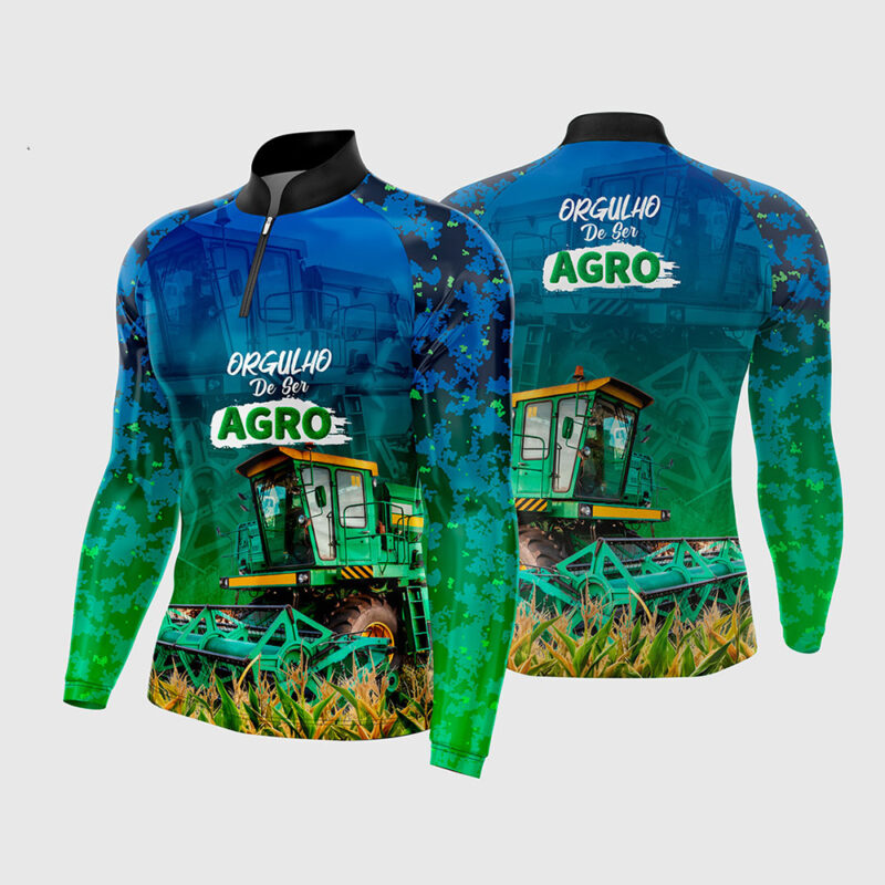 Mockup Frente e Costas Arte Vetor Camisa Agro Colheitadeira - Orgulho De Ser Agro manga longa azul e verde com estampa de colheitadeira no milharal