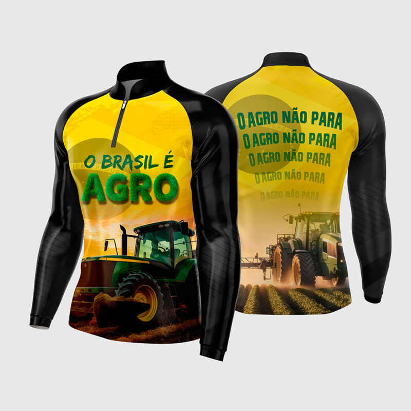 Mockup Frente e Costas Arte Vetor Camisa Agro O Brasil é Agro - O Agro Não Para amarela com mangas pretas e estampa de trator no campo