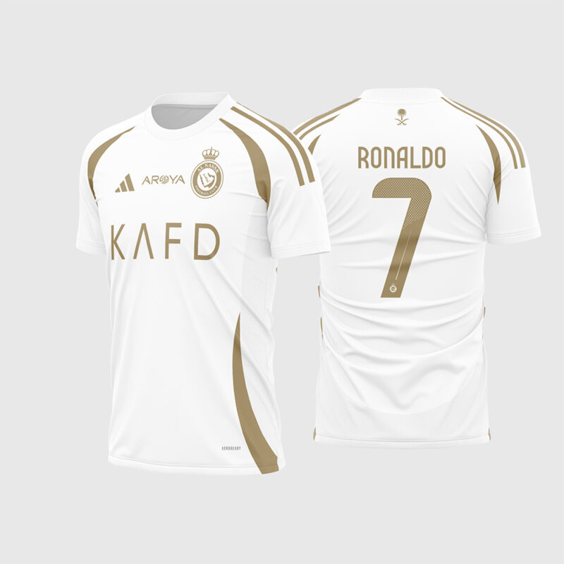 Mockup Frente e Costas Arte Vetor Camisa Al Nassr Alternativa 2024 2025 branca com detalhes dourados e nome Ronaldo