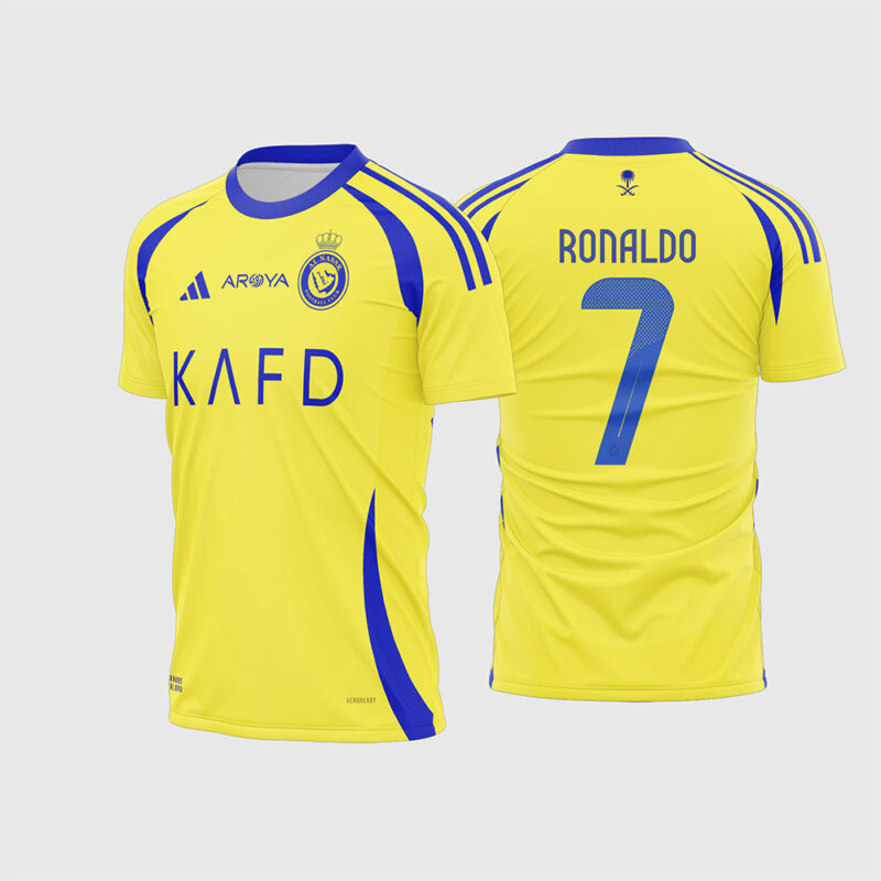 Mockup Frente e Costas Arte Vetor Camisa Al Nassr Local 2024-2025 amarela com detalhes em azul e nome Ronaldo