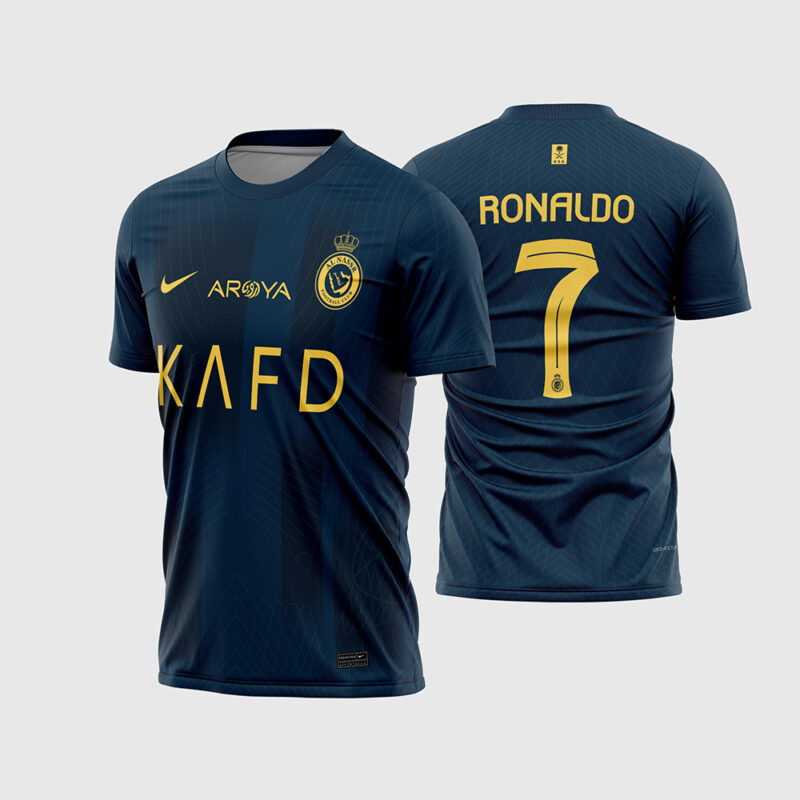 Mockup Frente e Costas Arte Vetor Camisa Al-Nassr Reserva 2023 2024 azul marinho com detalhes dourados e nome Ronaldo