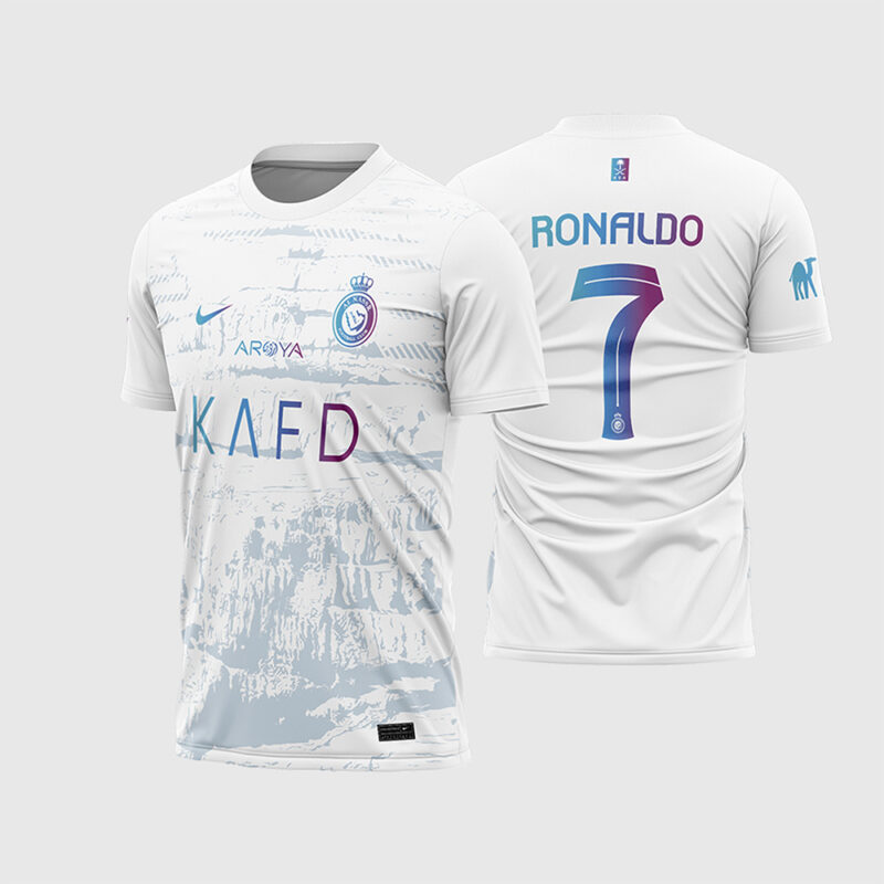 Mockup Frente e Costas Arte Vetor Camisa Al-Nassr Terceira 2023 - 2024 branca com detalhes em degradê roxo e azul e camelô na manga