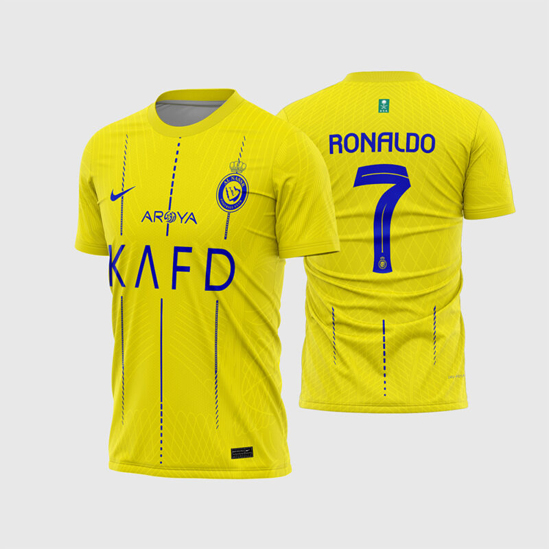 Mockup Frente e Costas Arte Vetor Camisa Al-Nassr Titular 2023 - 2024 amarela com linhas verticais azuis e nome Ronaldo