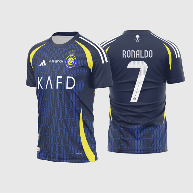 Mockup Frente e Costas Arte Vetor Camisa Al Nassr Visita 2024-2025 azul marinho com padrão geométrico e detalhes amarelos