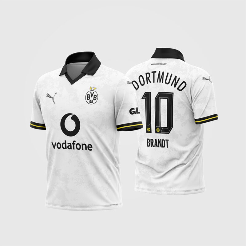 Mockup Frente e Costas Arte Vetor Camisa Borussia Dortmund Alternativa 2025 2026 branca com gola polo preta e logo Vodafone