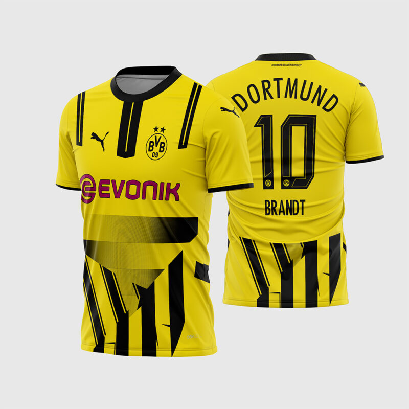 Mockup Frente e Costas Arte Vetor Camisa Borussia Dortmund Cup 2024 - 2025 amarela com logo Evonik e detalhes geométricos pretos