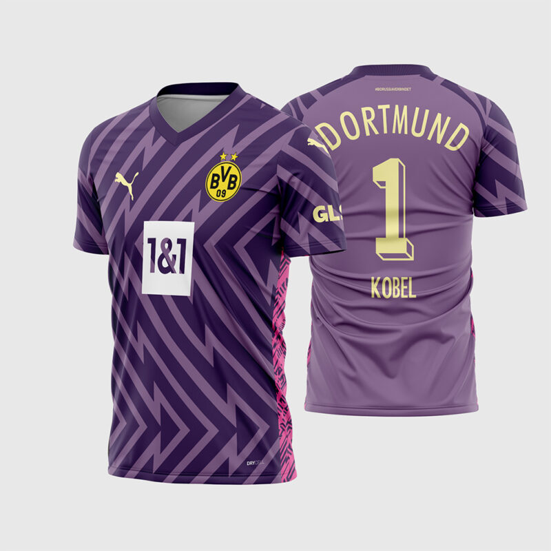 Mockup Frente e Costas Arte Vetor Camisa Borussia Dortmund Goleiro I 2023 - 2024 roxa com estampa de raios e número 1 amarelo