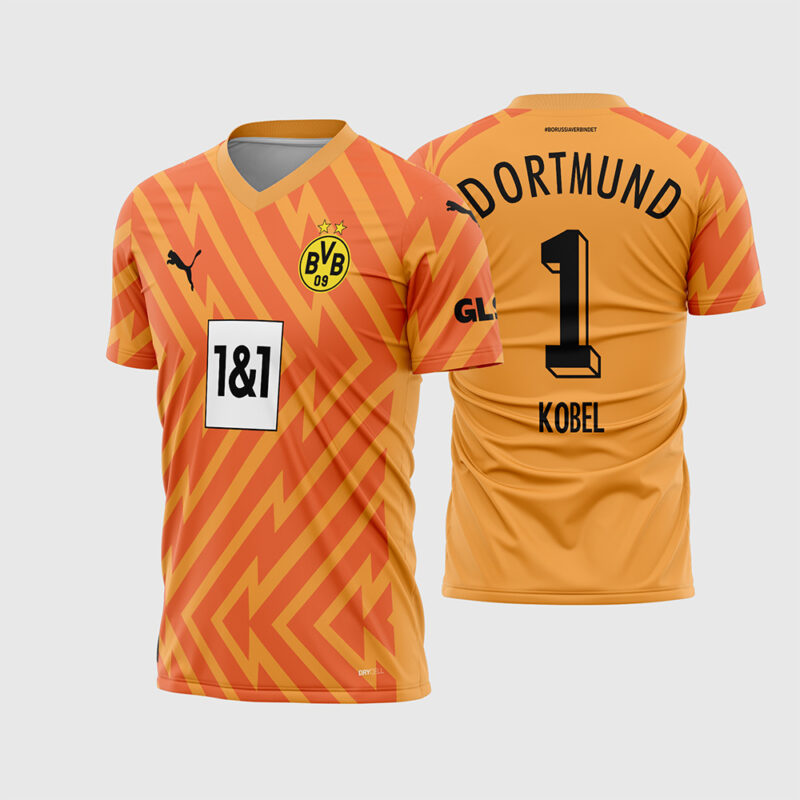 Mockup Frente e Costas Arte Vetor Camisa Borussia Dortmund Goleiro II 2023 - 2024 laranja com estampa de raios e número 1 preto
