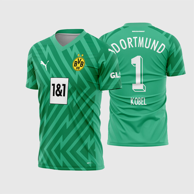 Mockup Frente e Costas Arte Vetor Camisa Borussia Dortmund Goleiro III 2023 - 2024 verde com estampa de raios e número 1 branco