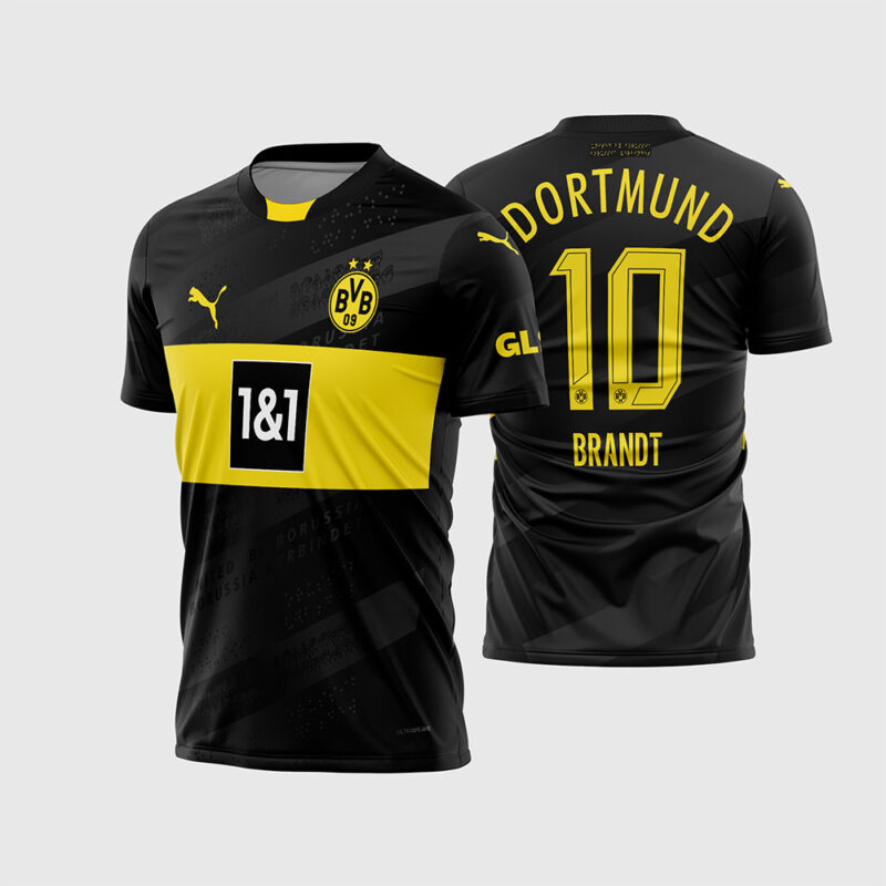 Mockup Frente e Costas Arte Vetor Camisa Borussia Dortmund Reserva 2024 - 2025 preta com faixa amarela e número 10 vazado