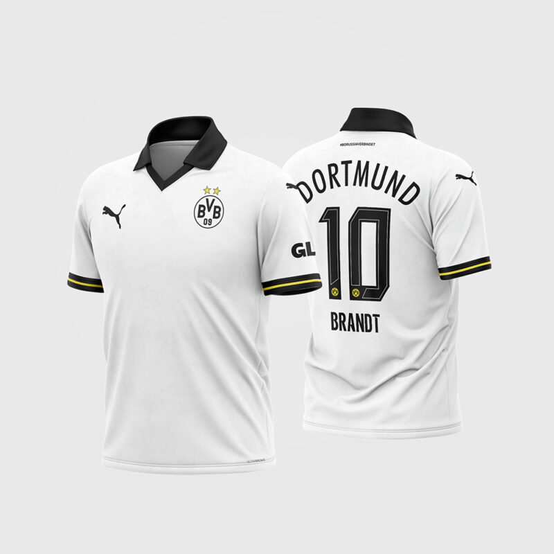 Mockup Frente e Costas Arte Vetor Camisa Borussia Dortmund Terceira 2024 - 2025 branca com gola polo preta e número 10