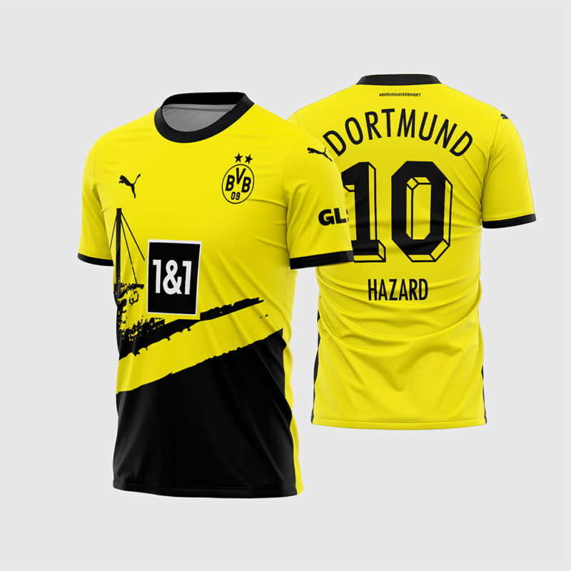 Mockup Frente e Costas Arte Vetor Camisa Borussia Dortmund Titular 2023 2024 amarela com desenho do estádio e número 10 3D