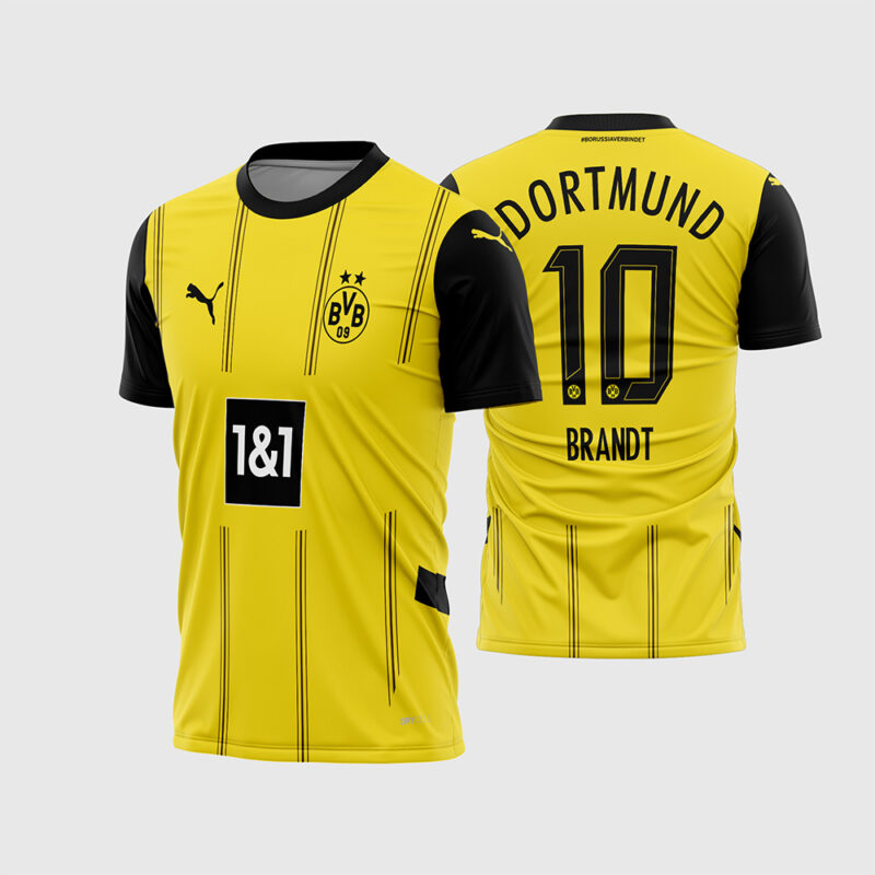 Mockup Frente e Costas Arte Vetor Camisa Borussia Dortmund Titular 2024 - 2025 amarela com mangas pretas e número 10