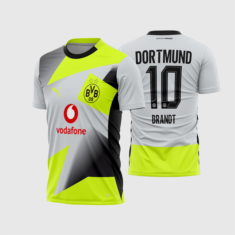 Mockup Frente e Costas Arte Vetor Camisa Borussia Dortmund Visita 2025-2026 prata com geometria neon e logo Vodafone