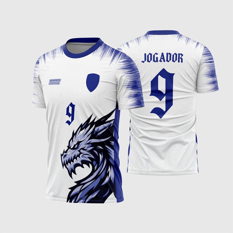 Mockup Camisa Interclasse Branca com Dragão Azul lateral e fonte gótica frente e costas