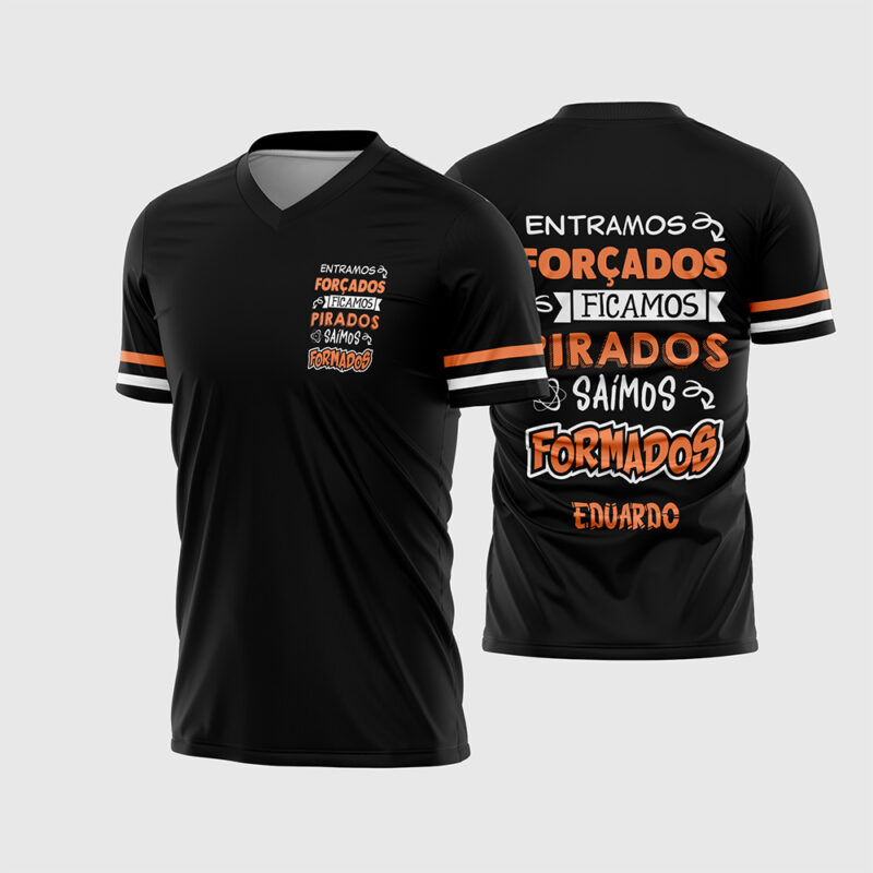 Mockup Frente e Costas Arte Vetor Camisa Formandos Frase preta com tipografia laranja e branca e listras nas mangas