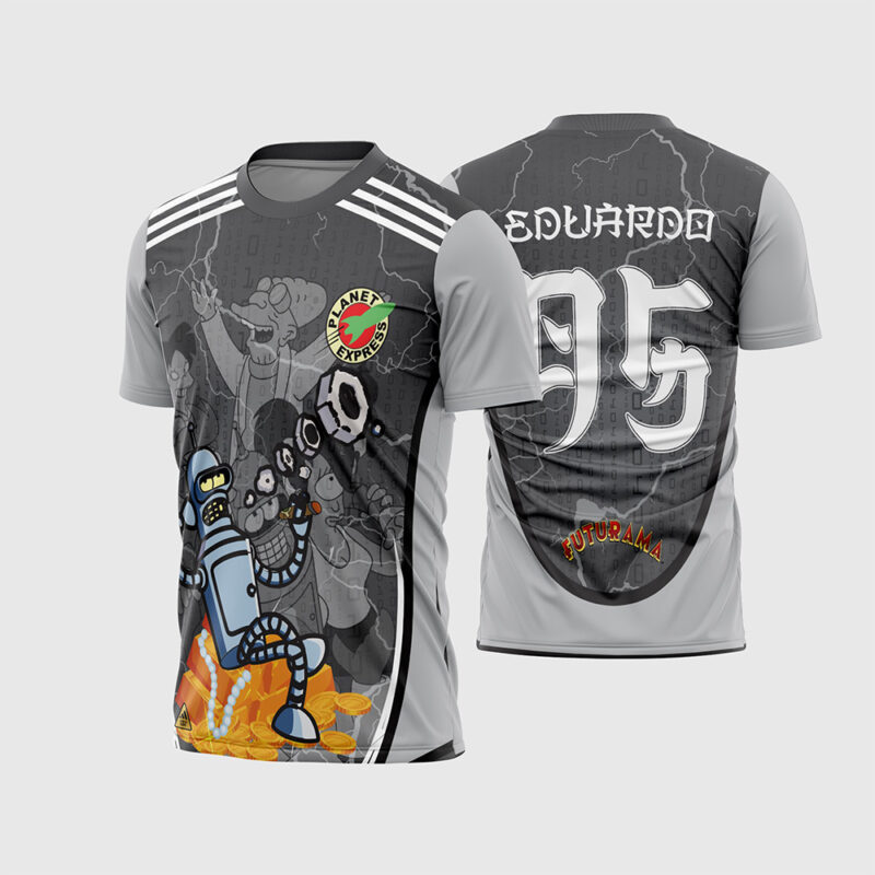 Mockup Frente e Costas Arte Vetor Camisa InterClasse Futurama cinza com Bender, pilha de ouro e logo Planet Express