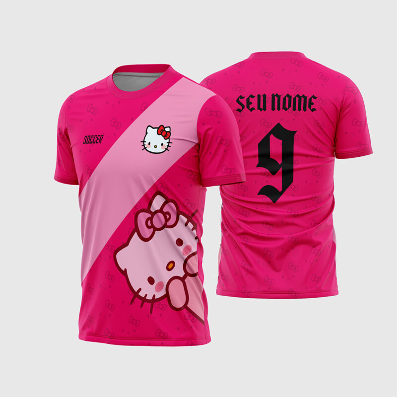 Mockup Frente e Costas Arte Vetor Camisa InterClasse Hello kitty Rosa com faixa diagonal e nome em fonte gótica preta
