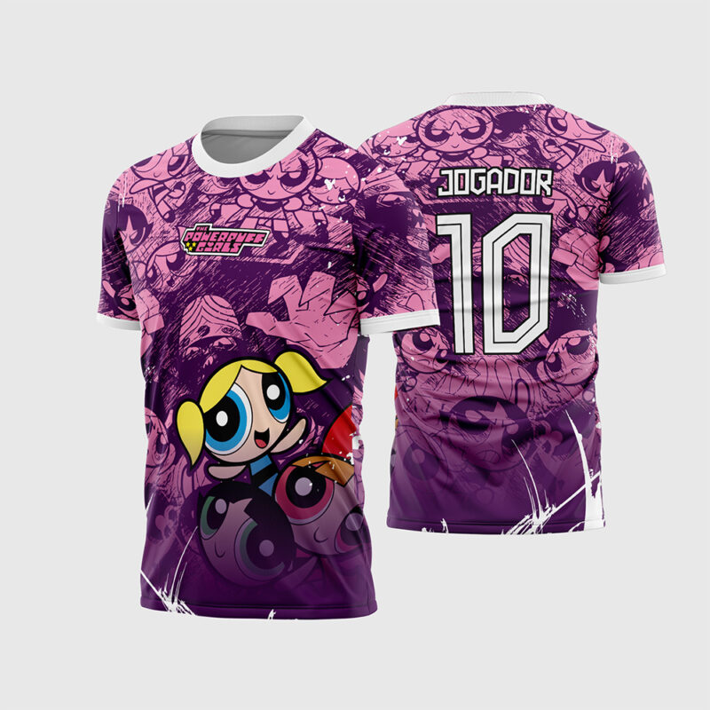 Mockup Frente e Costas Arte Vetor Camisa InterClasse Meninas Superpoderosas 2026 roxa com textura de quadrinhos e Lindinha em destaque