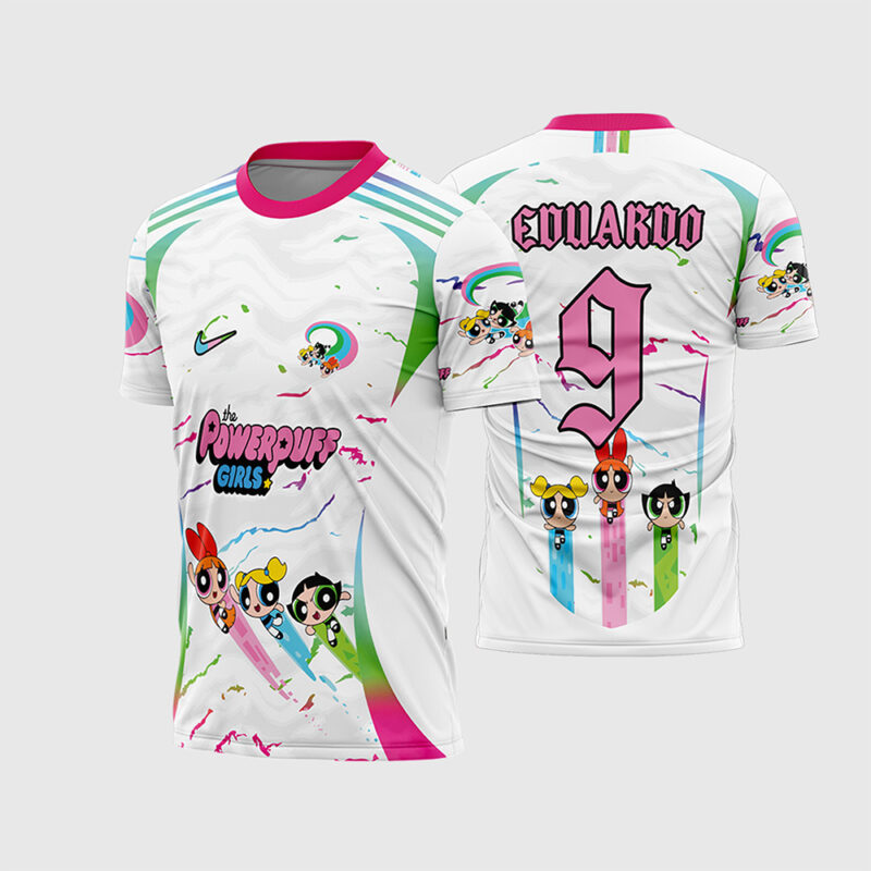 Mockup Frente e Costas Arte Vetor Camisa InterClasse Meninas Superpoderosas branca com respingos de tinta coloridos e fonte gótica rosa