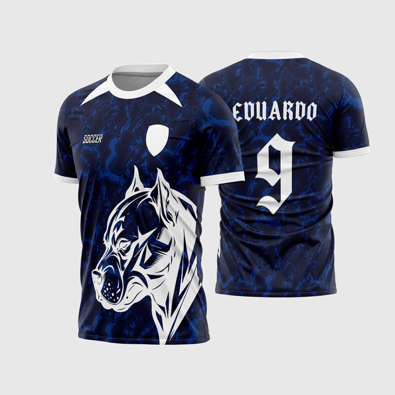 Mockup Camisa Interclasse Azul Escuro com Pitbull Branco e fonte gótica frente e costas