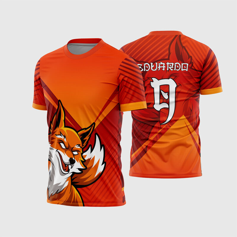 Mockup Frente e Costas Arte Vetor Camisa InterClasse Raposa Laranja com mascote estilo cartoon e fonte oriental branca