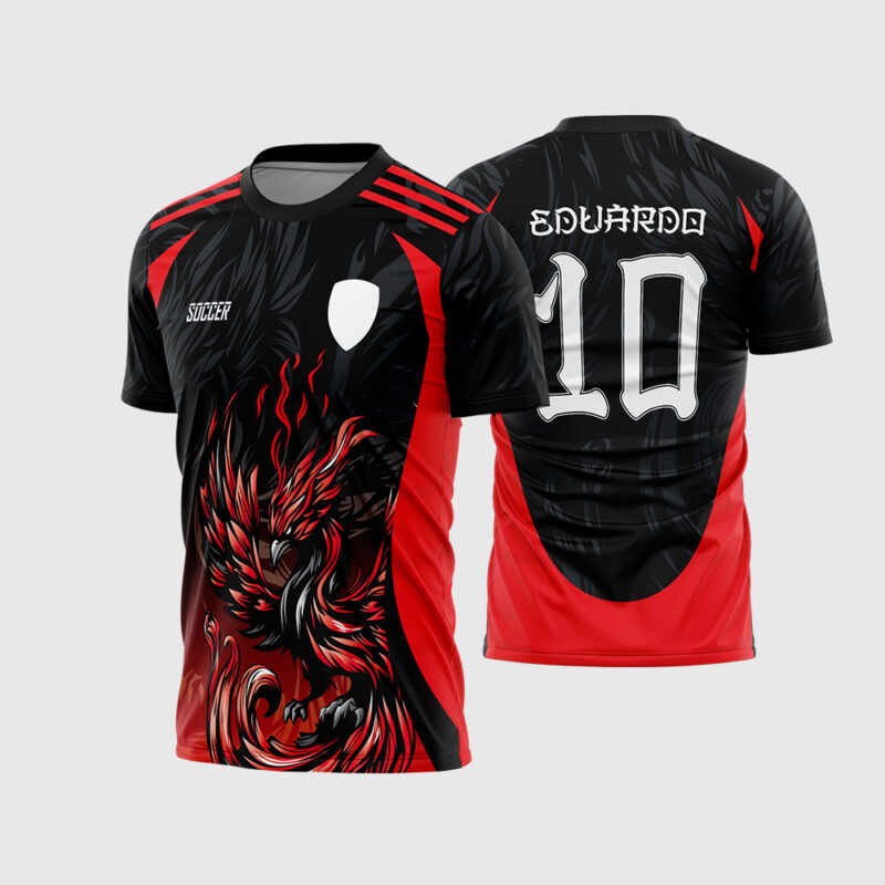 Mockup Camisa Interclasse Preta e Vermelha com Fênix de fogo e fonte gótica nas costas