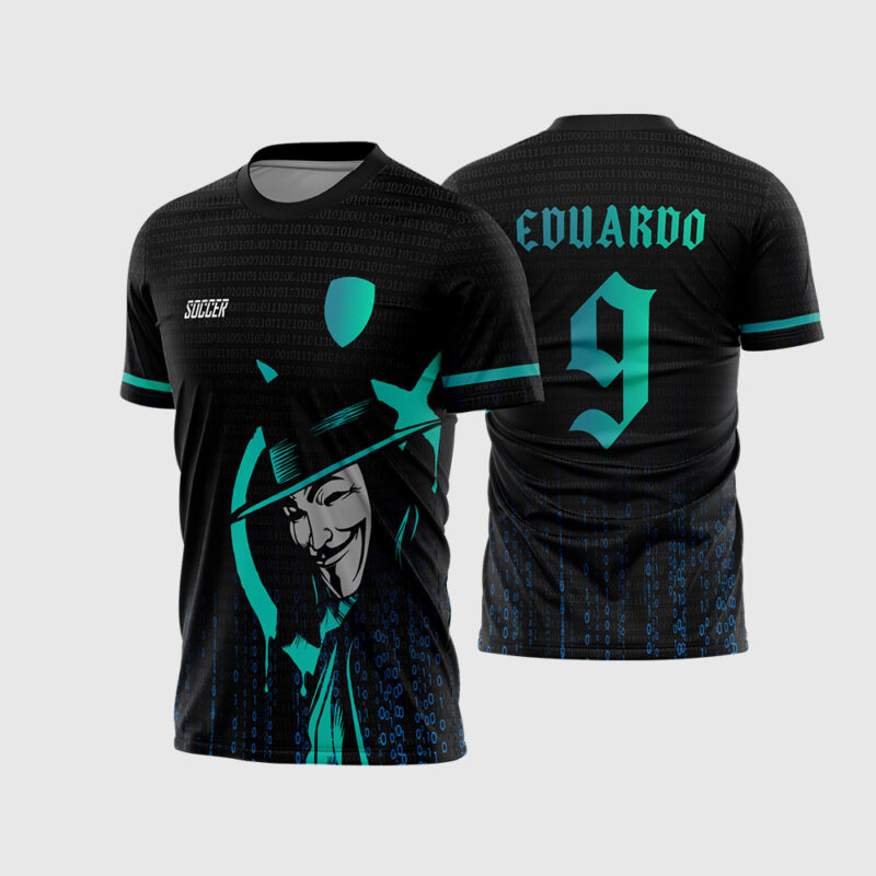 Mockup Frente e Costas Arte Vetor Camisa Interclasse Anonymus Degradê preta e ciano com máscara e código binário estilo Matrix