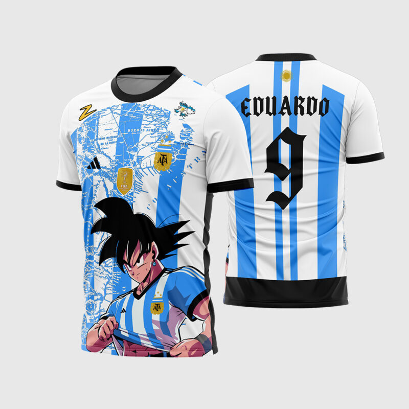 Mockup Frente e Costas Arte Vetor Camisa Interclasse Argentina Goku Dragon ball com listras celestes, mapa de fundo e Goku vestindo o uniforme