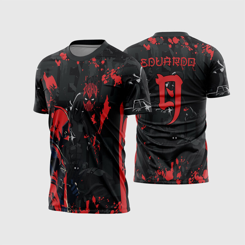 Mockup Frente e Costas Arte Vetor Camisa Interclasse DeadPool preta e vermelha com efeito de tinta e numeração estilizada