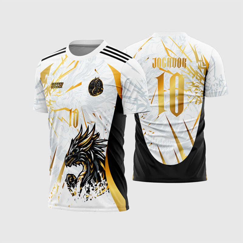 Mockup Camisa Interclasse Dragão Branco com escamas e detalhes em ouro frente e costas