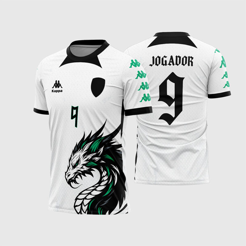 Mockup Camisa Interclasse Branca com Dragão Verde, fonte gótica e logo nas mangas frente e costas