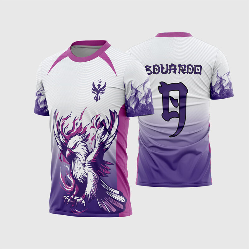 Mockup Frente e Costas Arte Vetor Camisa Interclasse Fênix Rosa com degradê branco e roxo e fonte estilo oriental