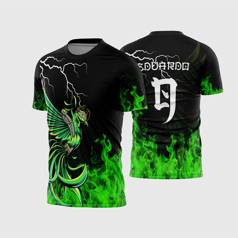 Mockup Frente e Costas Arte Vetor Camisa Interclasse Fênix Verde com chamas neon, raios brancos e fonte estilo oriental