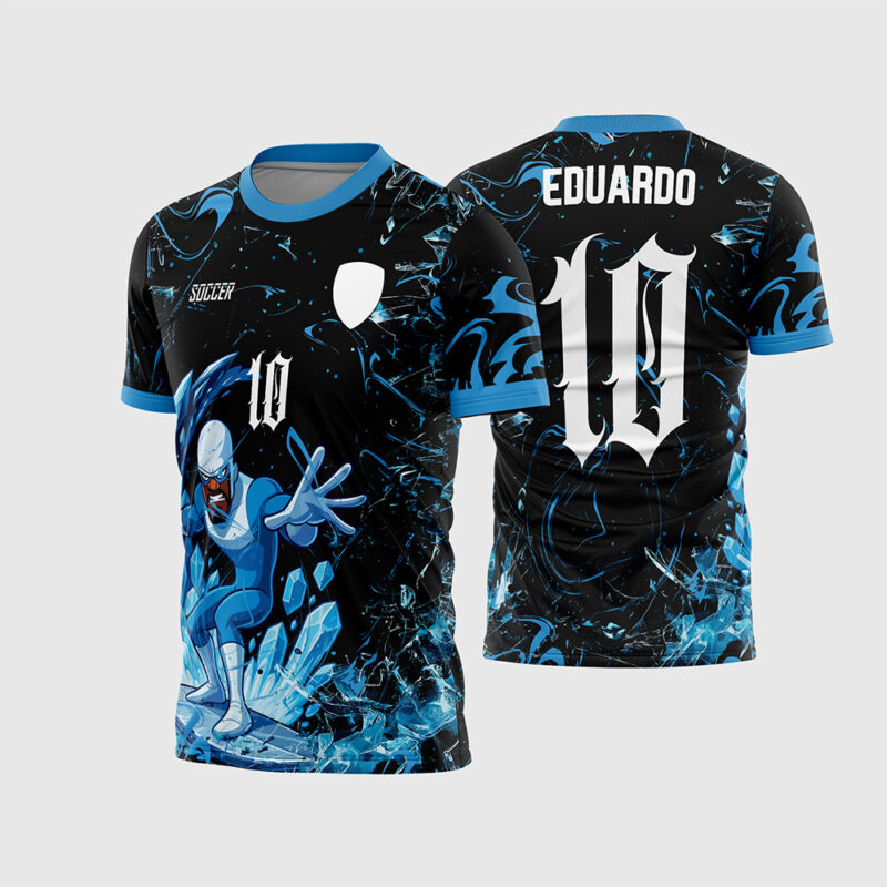 Mockup Frente e Costas Arte Vetor Camisa Interclasse Gelado - Os Incríveis com fundo preto, cristais azuis e fonte gótica