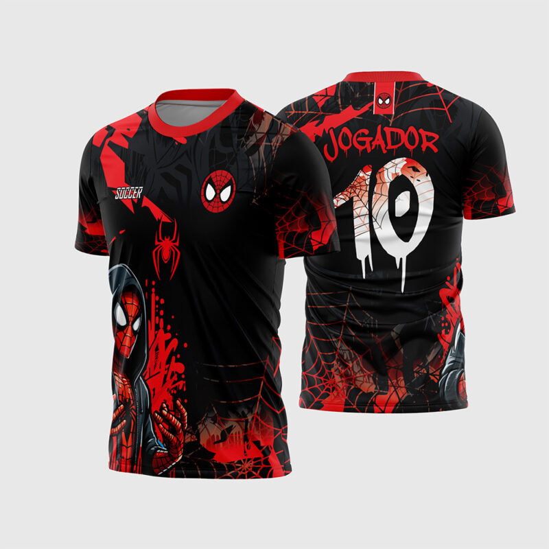 Mockup Frente e Costas Arte Vetor Camisa Interclasse Homem aranha 2026 preta com Miles Morales, fonte dripping vermelha e número com teia